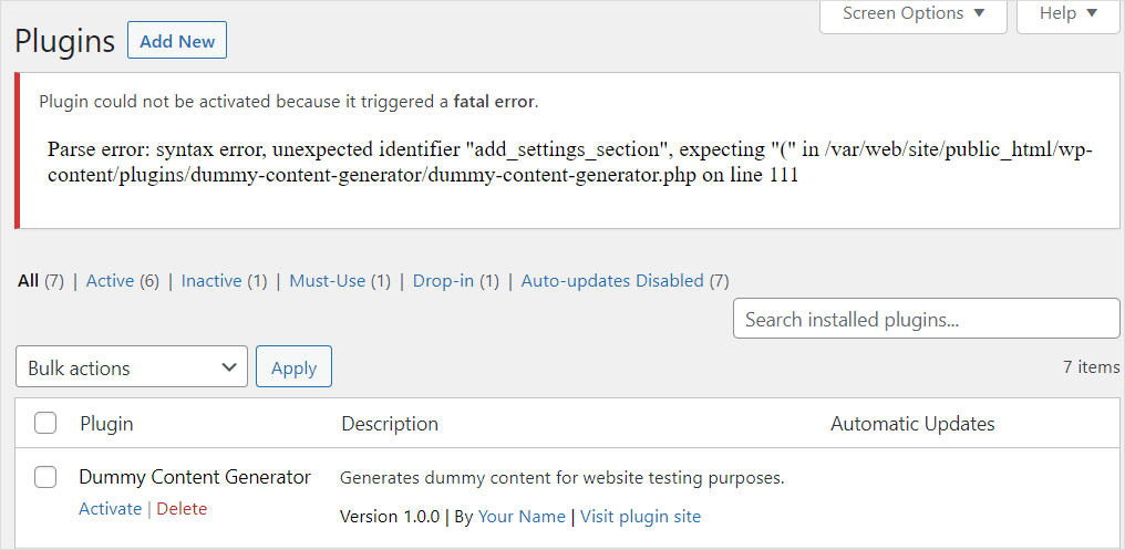 Plugins screen - Fatal error message.