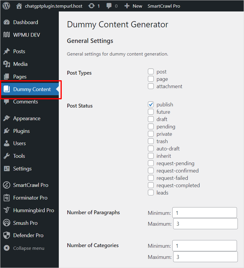 Dummy Content Generator WordPress plugin -created by ChatGPT