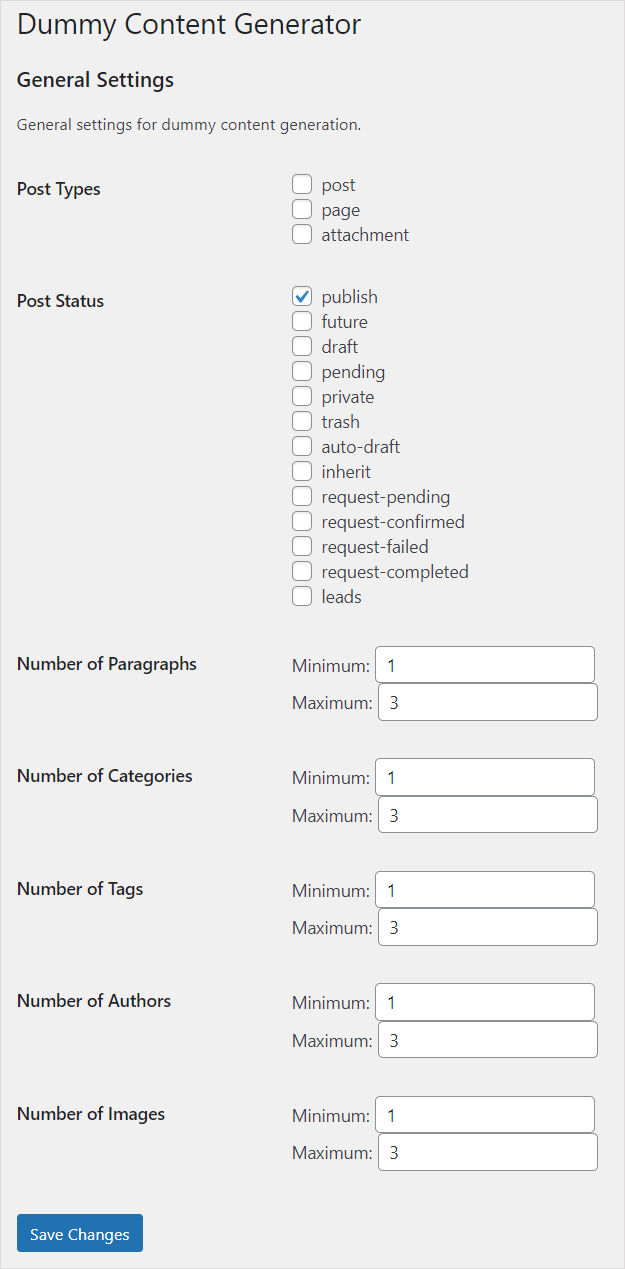 Dummy Content Generator WordPress plugin settings screen.