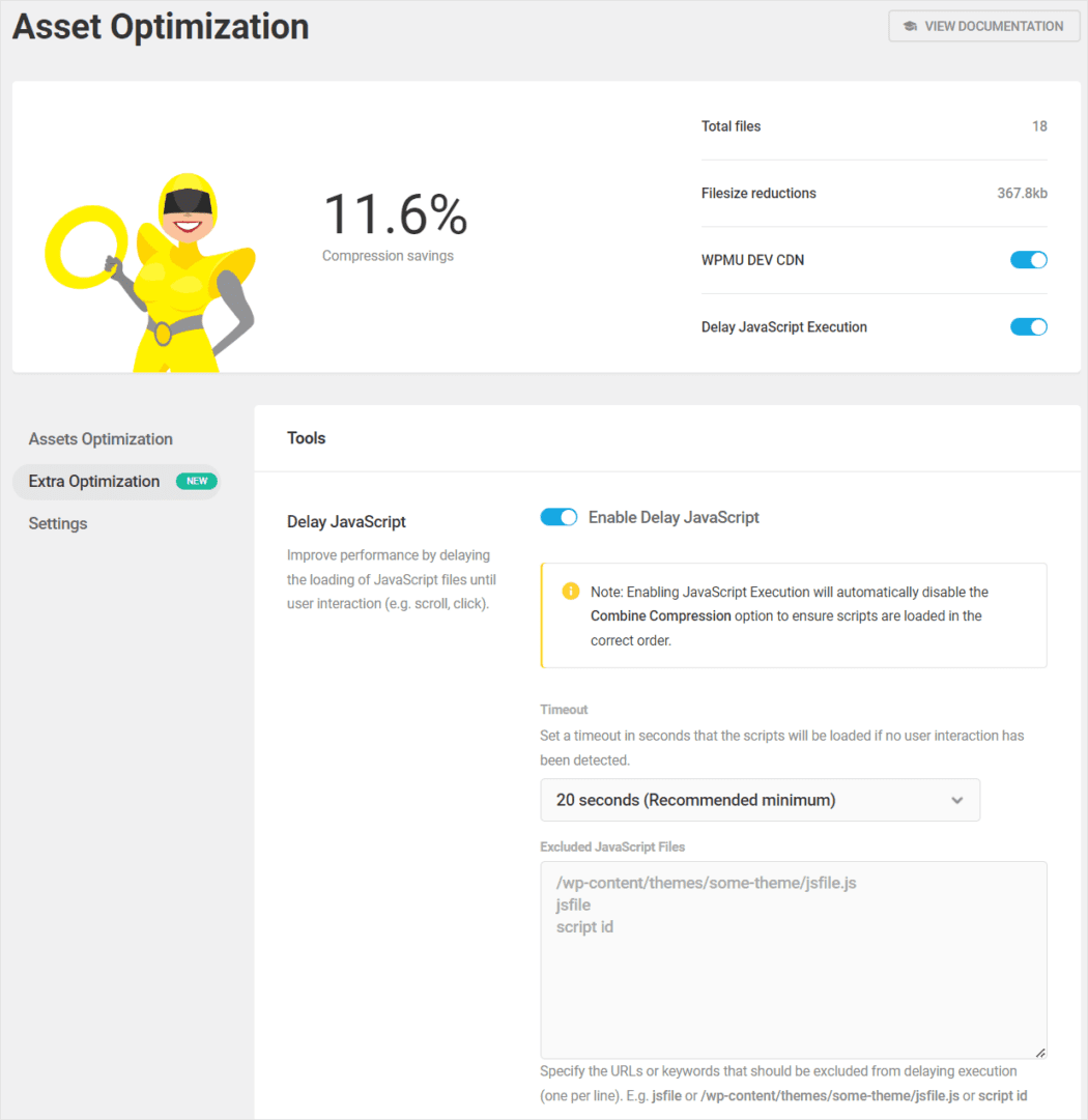 Hummingbird's Delay JavaScript settings