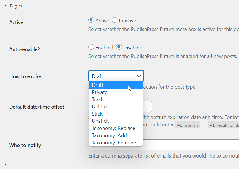 PublishPress Future expiry options
