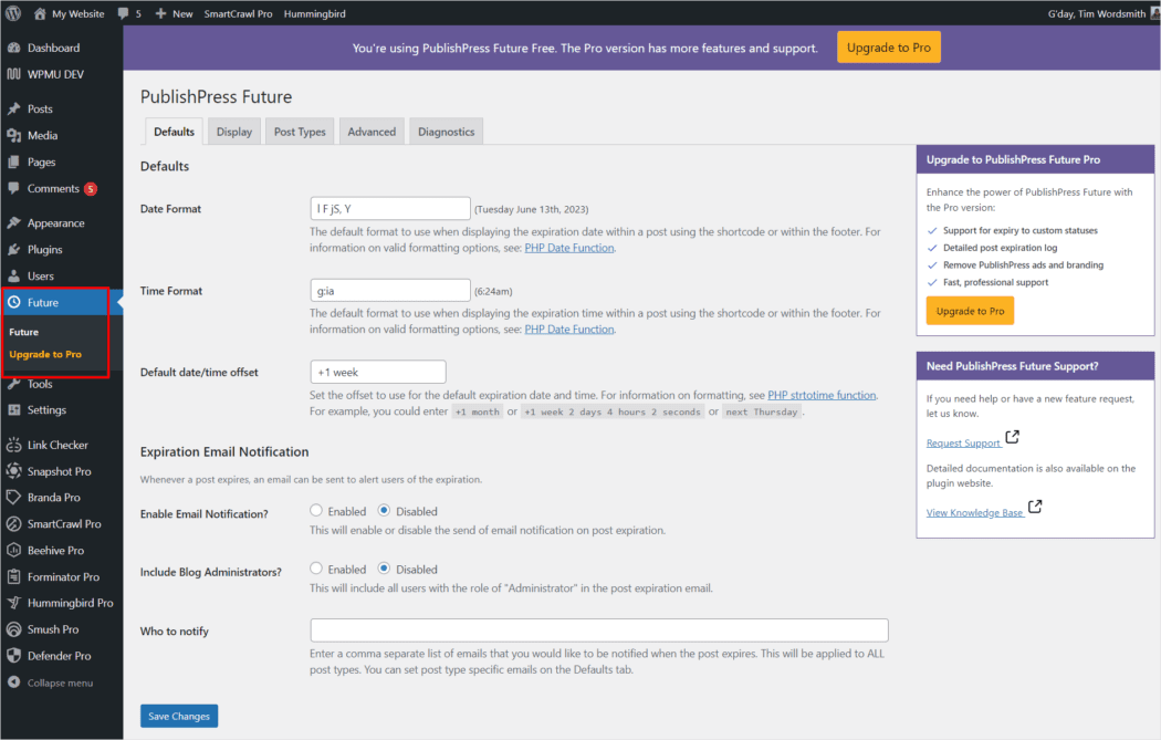 PublishPress Future Settings panel