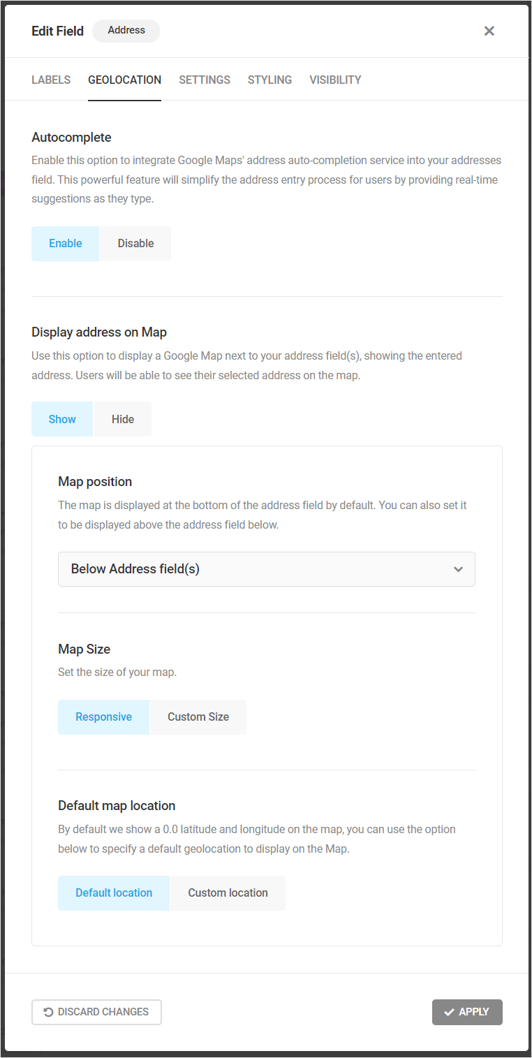 Forminator Address field settings - Geolocation options.