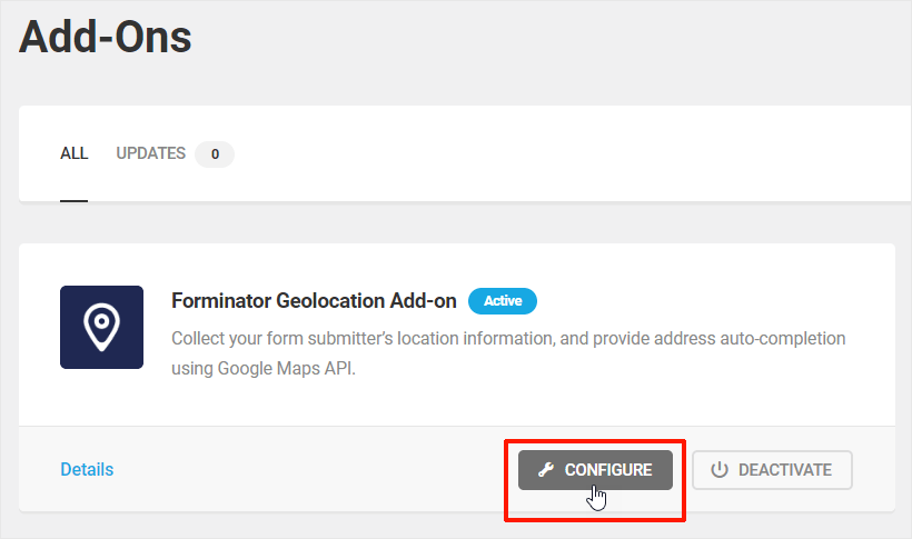 Formoinator Add-Ons - Geolocation - Configure button highlighted.