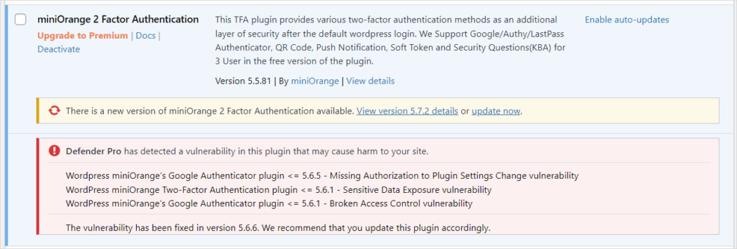 Defender Pro - Plugin vulnerability message