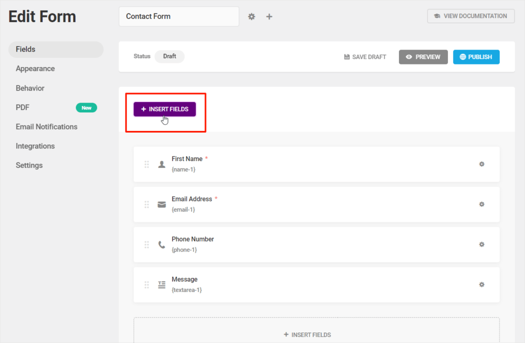 Forminator: Edit Form - Insert fields button.