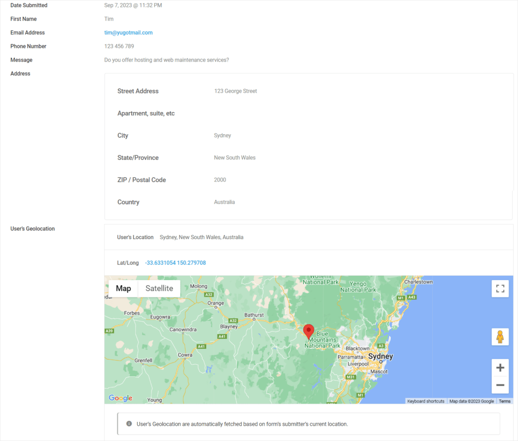 Forminator submission page with example of form submission.