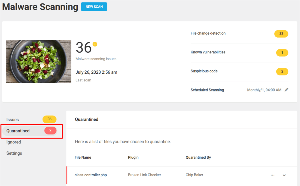 Defender Pro - Malware Scanning - Quarantined section