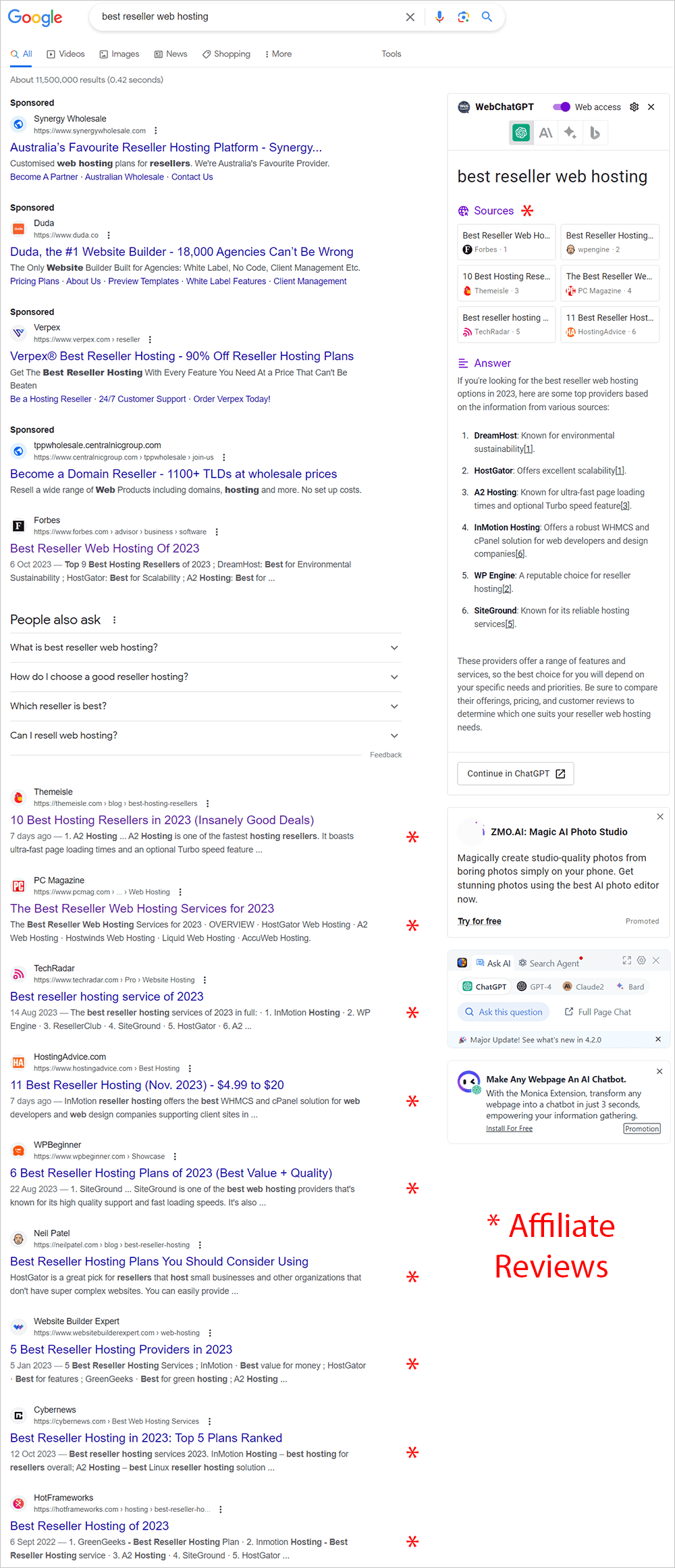 Google search results for Best Reseller Web Hosting