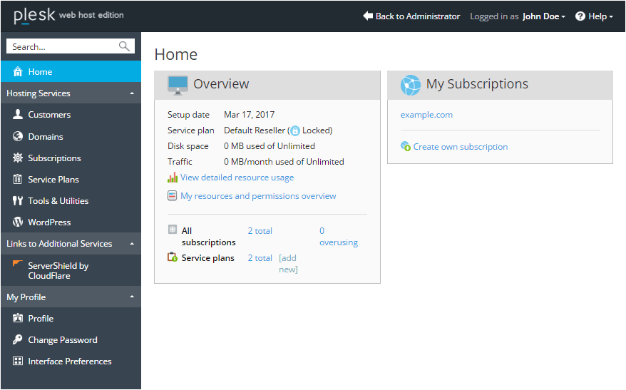 Plesk Reseller Interface