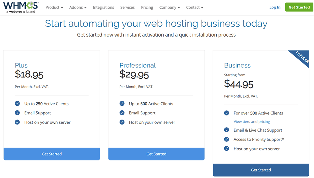 WHMCS licensing page