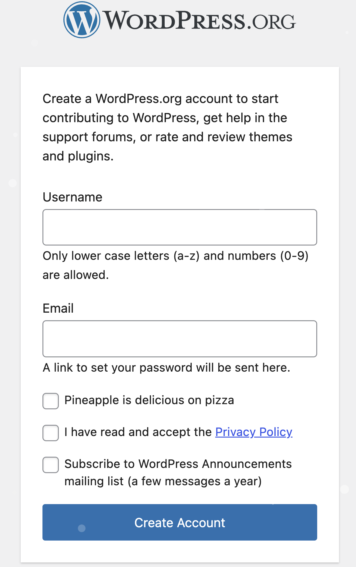 WordPress.org new account registration page.