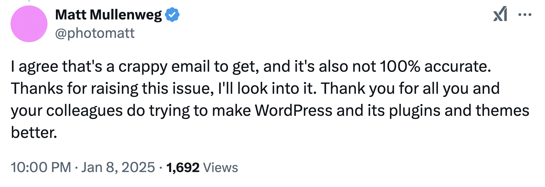 Matt Mullenweg's comment