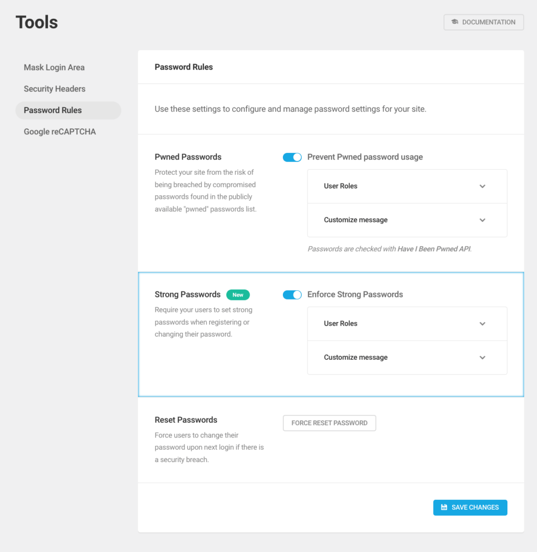 Defender plugin settings page with 'Enforce Strong Passwords' option enabled