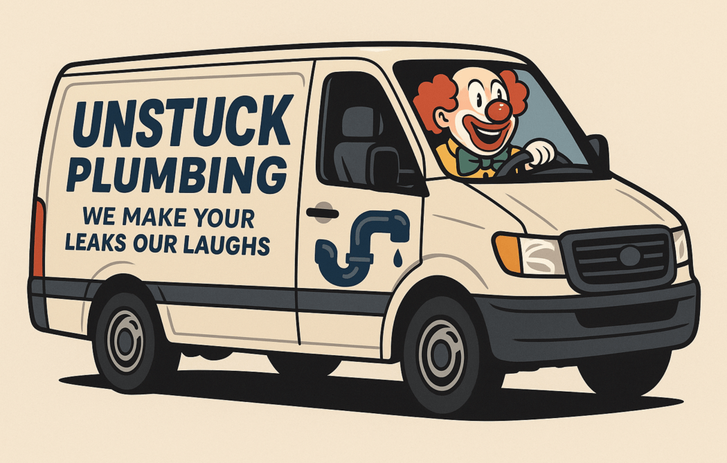 Illustration of a van labeled 'Unstuck Plumbing – We make your leaks our laughs,' created as a funny AI-generated tagline example in WordPress.com’s new AI Site Builder.