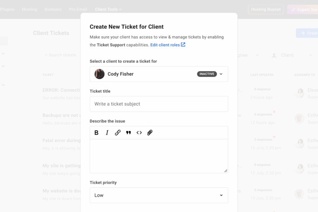Create a new support ticket for a client