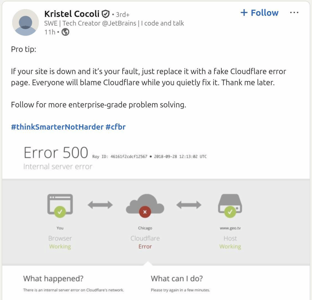 LinkedIn post joking about using a fake Cloudflare error page during site outages