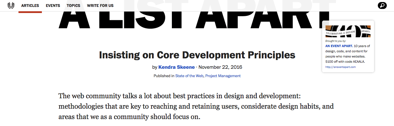 A List Apart's home page logo features text displayed in an unusual way.