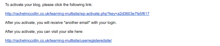 WordPress Multisite activation email text and link