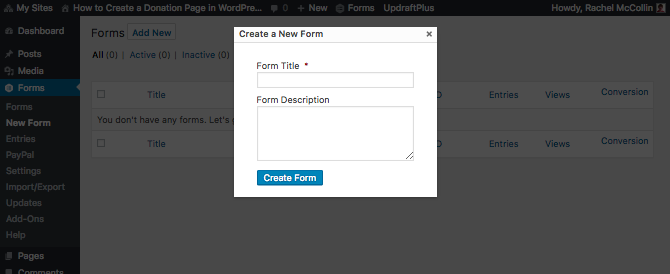 Adding a form - enter the name and description in the popup