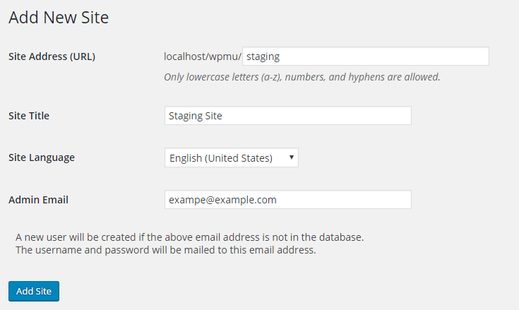 wordpress multisite site creation interface