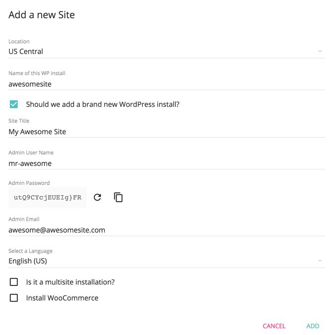 Adding a new website using the Kinsta backend interface.