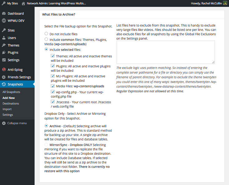 Creating a snapshot - picking files to back up