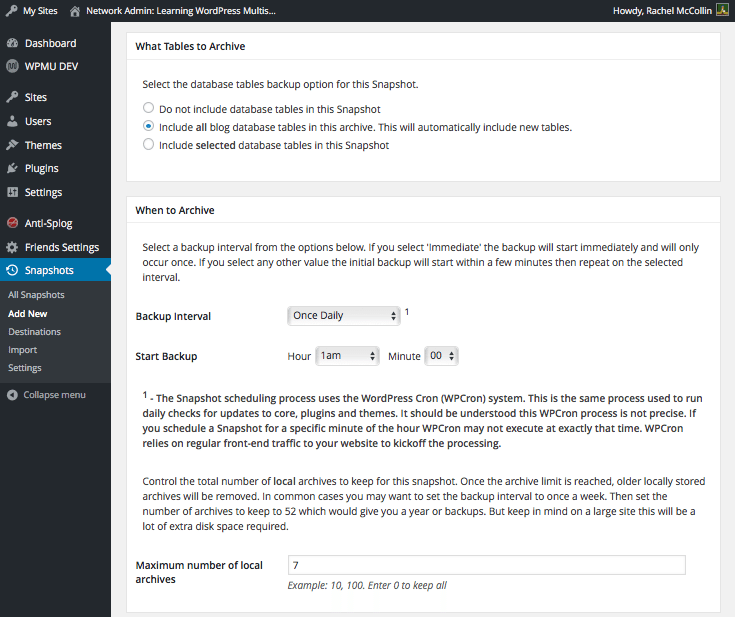 Creating a snapshot - selecting database tables