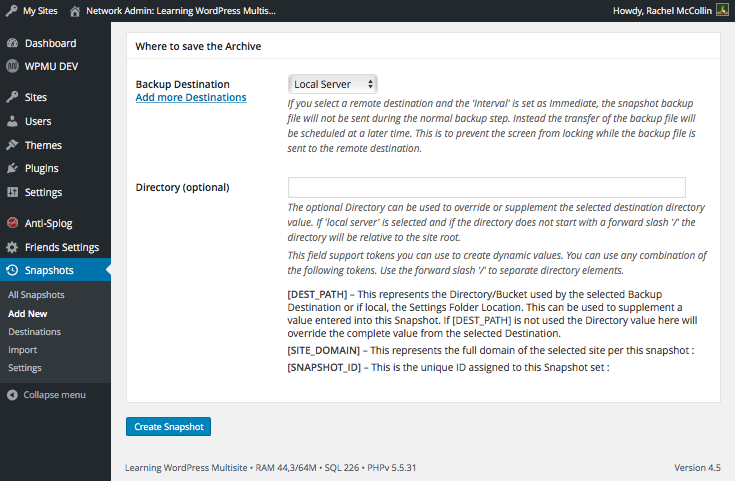 Creating a snapshot - selecting a destination