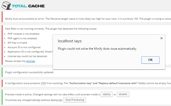screenshot of excessive admin notices in w3tc