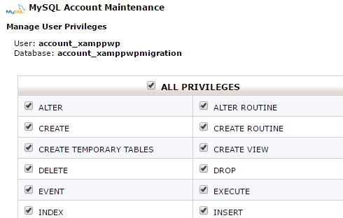 use mysql or phpmyadmin to give the user you created all privileges to the database