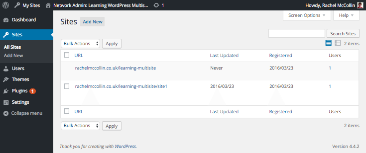 WordPress Multisite sites screen
