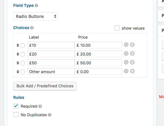 Settings for the Amount field - three amounts have been added plus zero for 'other'