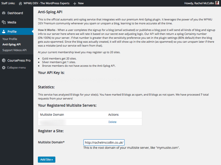 The WPMU DEV Anti-splog API screen