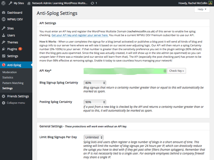 Anti-splog settings screen with plugin correctly set up
