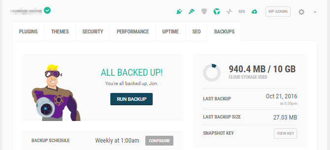 The Hub indicating that a recent backup exists.