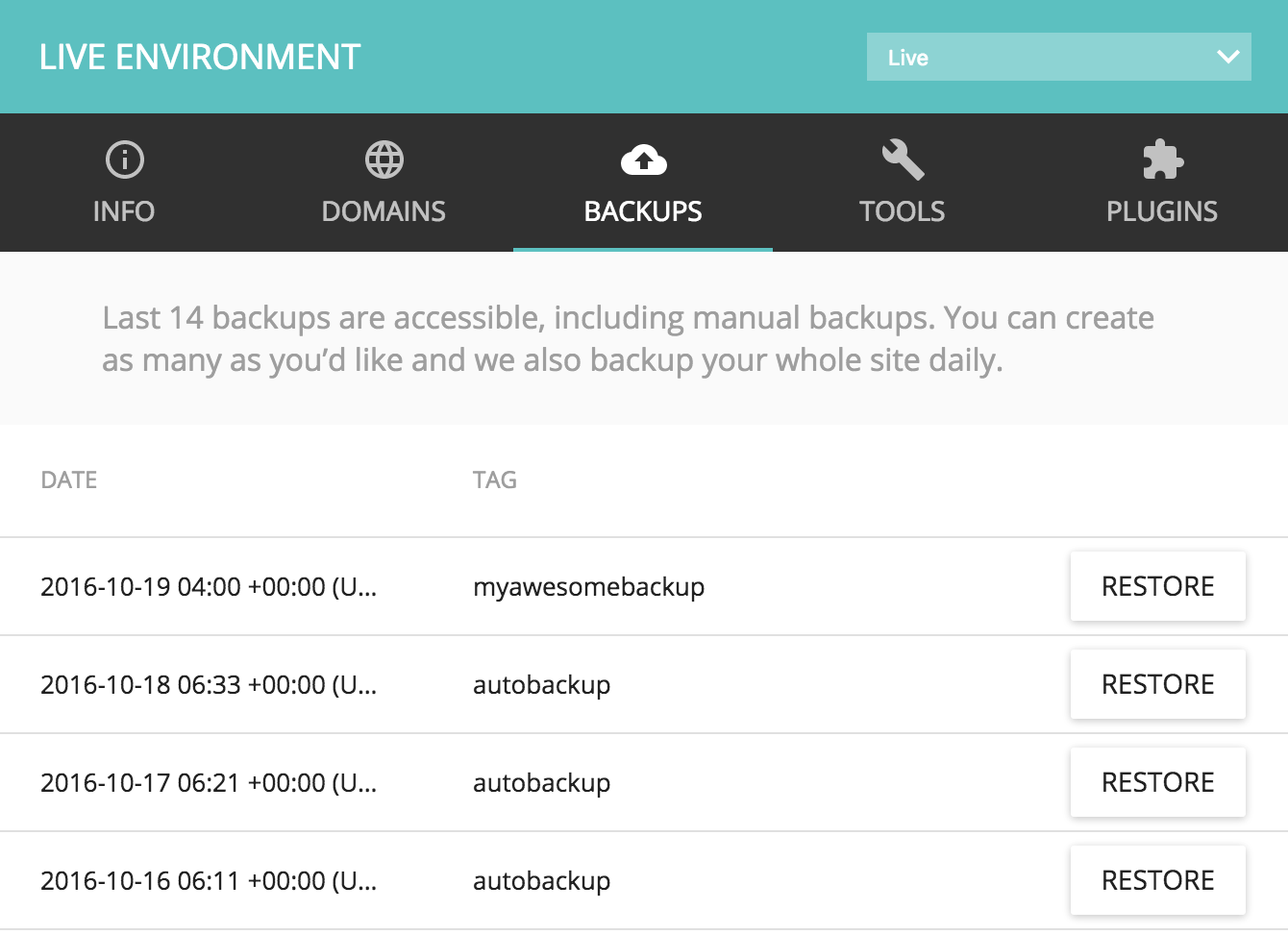 Kinsta provides easy backup and restoration using snapshots.