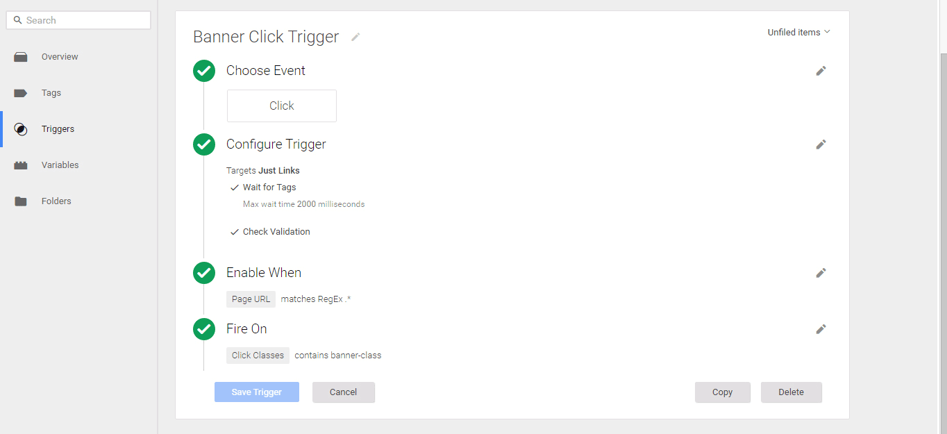 Creating a trigger for internal link clicks.