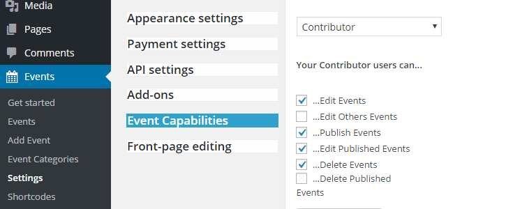 Event capabilities settings page