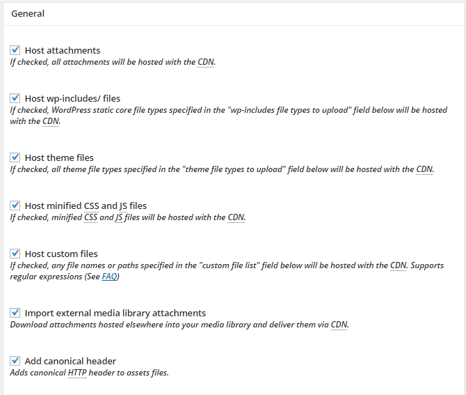 screenshot of general cdn settings in cdn menu in w3tc