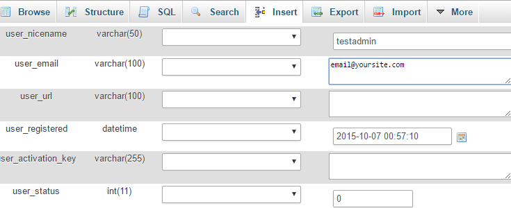 The table fields for changing a user.
