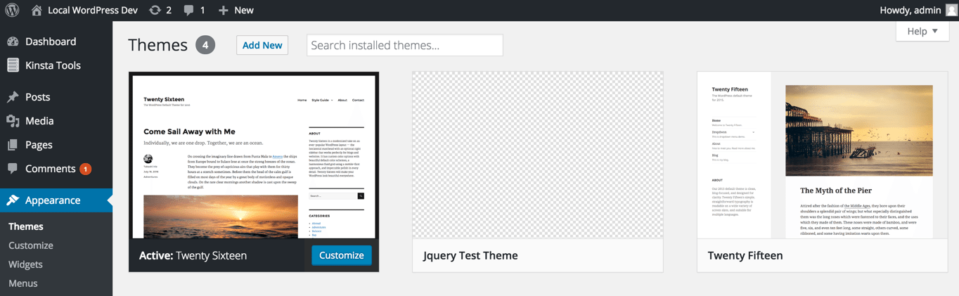 Our child theme in the Appearance section.