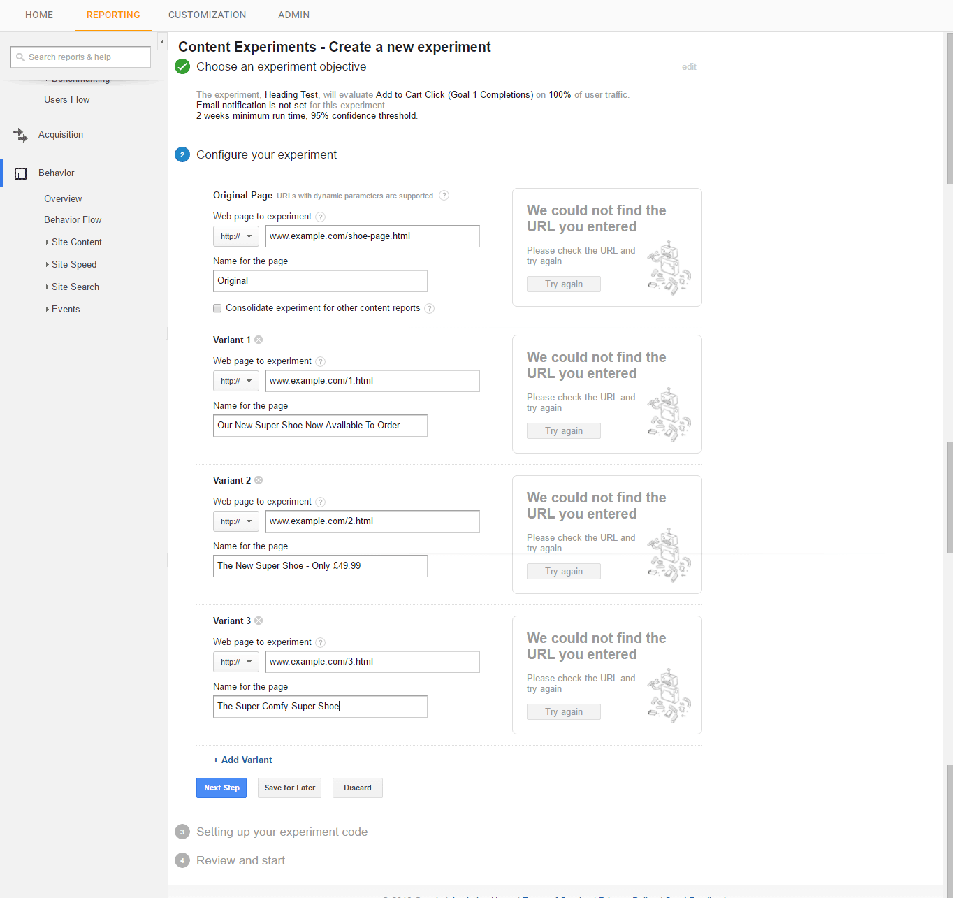 Choose the variants you would like to test with your experiment.