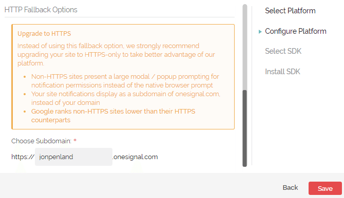screenshot of onesignal set up process