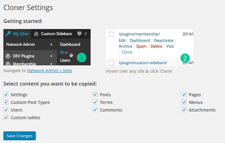cloner plugin settings page