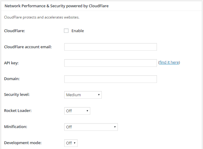 screenshot of cloudflare extension settings in general settings menu in w3tc