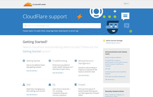 The front page of CloudFlare's support site.