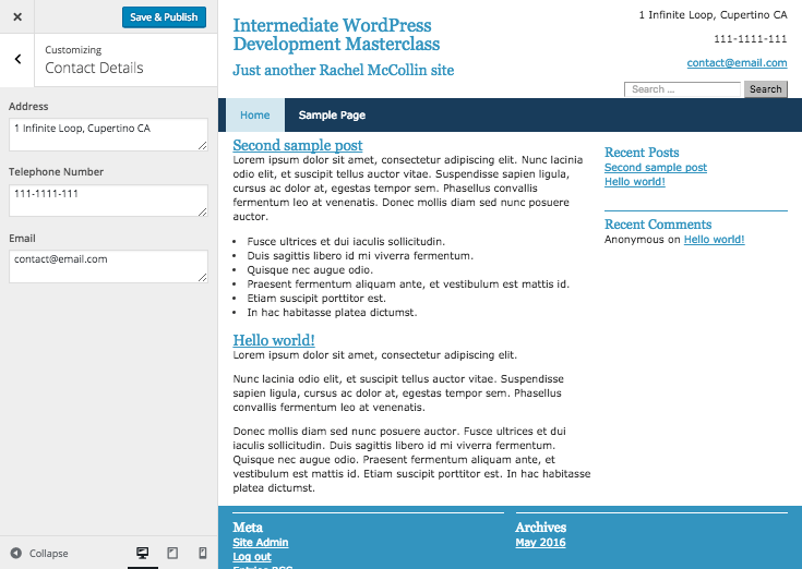 editing contact details in the customizer