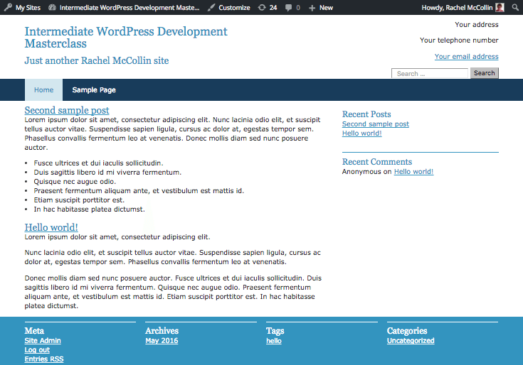 contact details displayed in the header of the live site