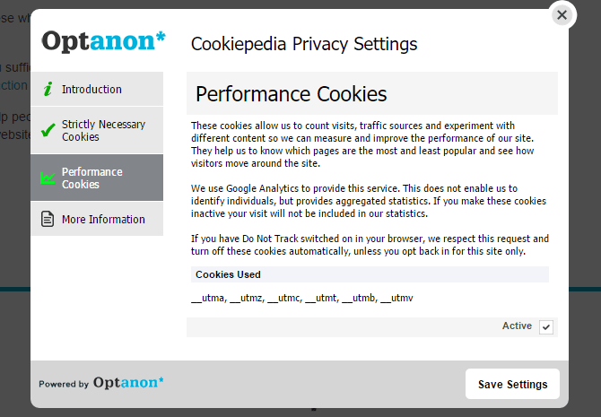 screenshot of over-the-top cookie consent notice at cookiepedia